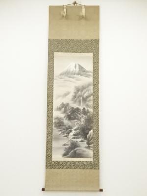 耕峰筆　水墨山水　肉筆絹本掛軸（共箱）